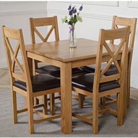 Square 90cm : Bàn Ăn Gỗ Sồi Vuông 90cm + 4 Ghế ( Lưng X - Mặt Nệm PU )